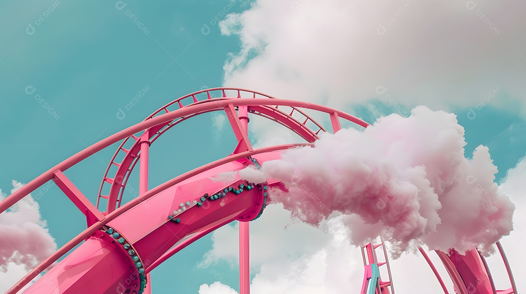 Uma montanha-russa rosa vibrante dá voltas e reviravoltas contra um céu