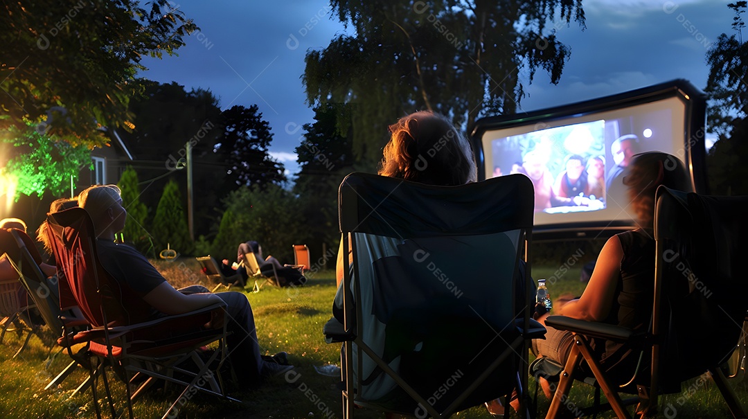 Um grupo de amigos sentados em fundo de quintal com telão de cinema ao ar livre