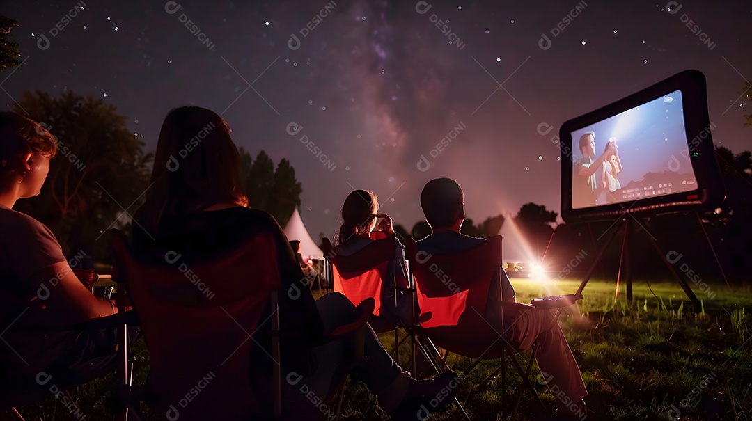 Um grupo de amigos desfruta de uma noite de cinema ao ar livre com céu estrelado
