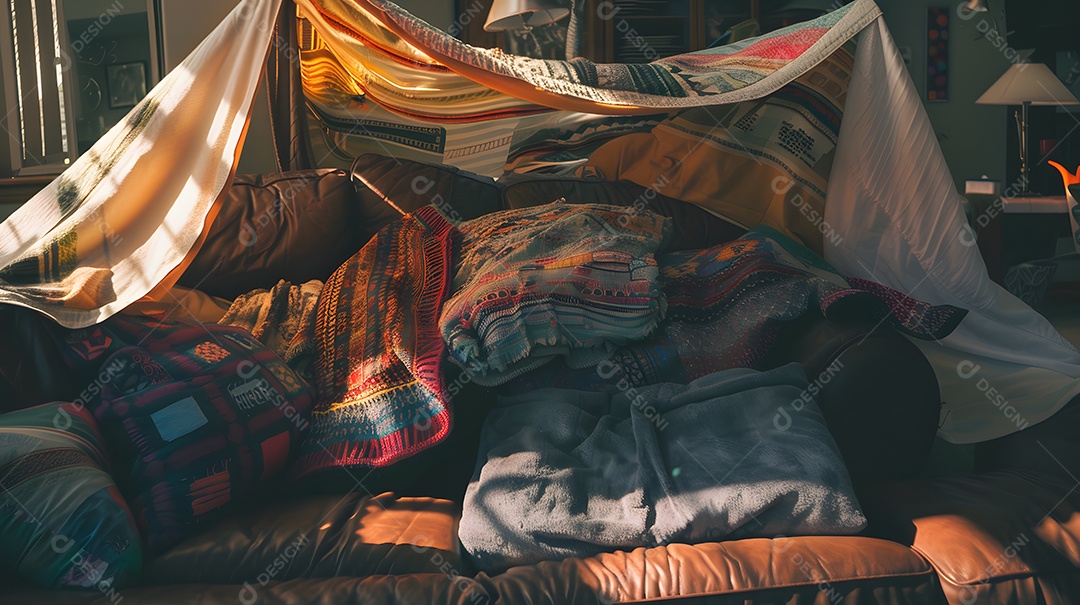 Cobertor aconchegante e travesseiro iluminado pela luz solar suave