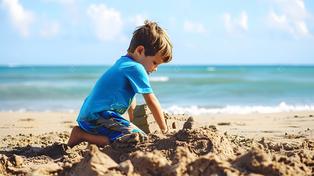 Menino de camisa azul ajoelhado na praia