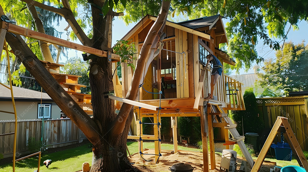 Charmosa casa na árvore no quintal com escadas de madeira e ponte de corda