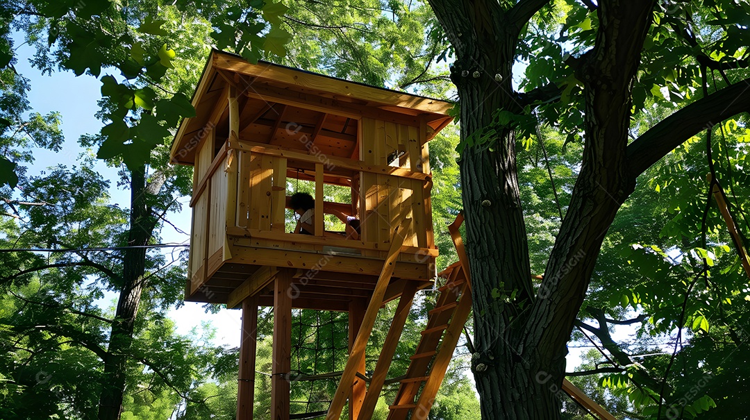 Uma criança aproveita um dia de verão em uma casa na árvore
