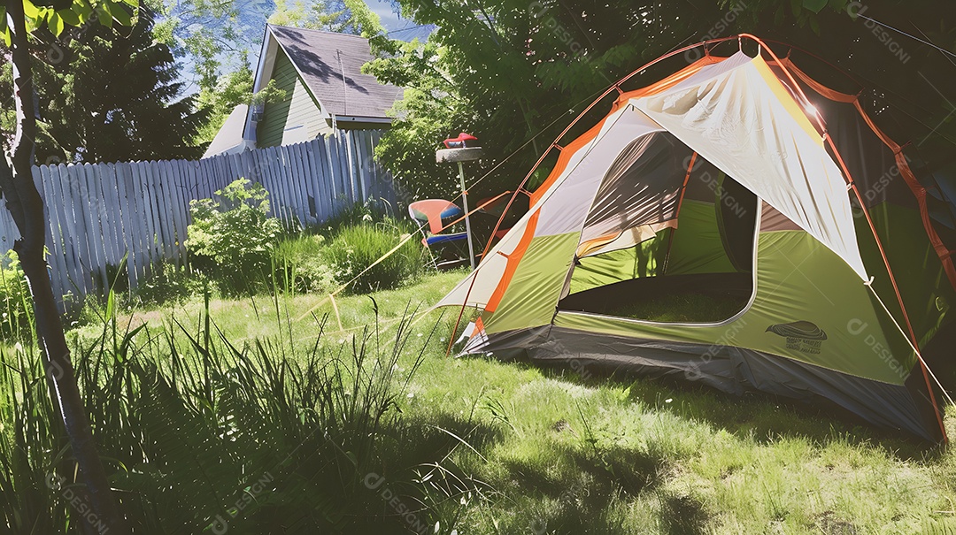 Barraca de acampamento montada em um exuberante jardim no quintal