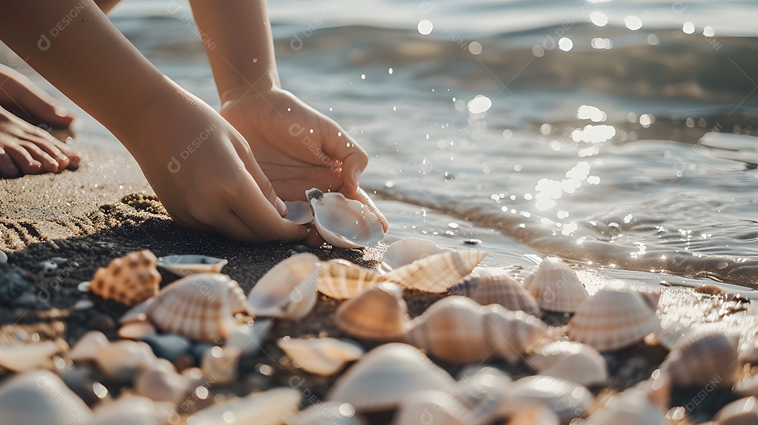 Mãos de criança coletando conchas em uma praia arenosa