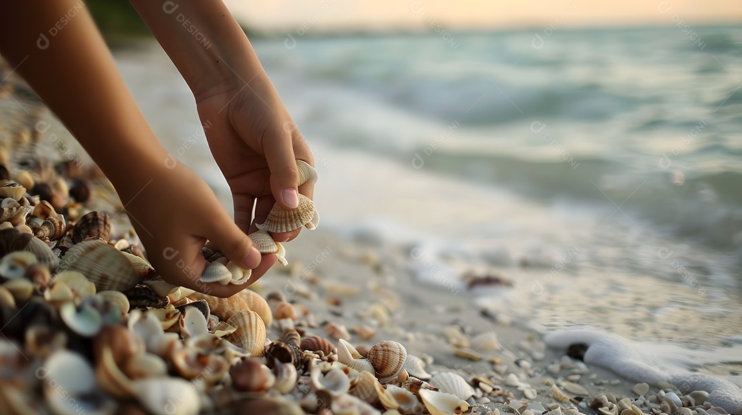 Mãos de criança coletando conchas em uma praia arenosa