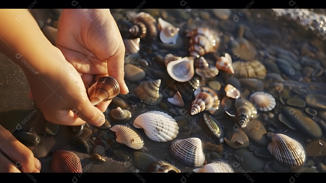 Uma pessoa explorando várias conchas em uma costa rochosa