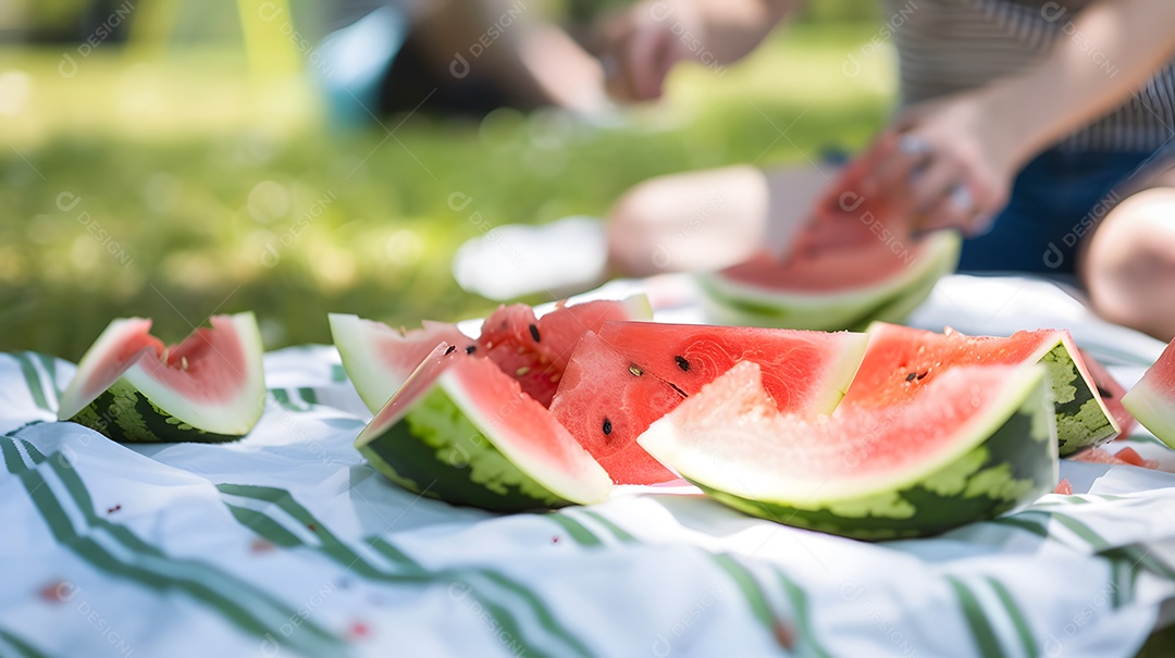 Corte fatiado de melancia em uma toalha de piquenique em um parque
