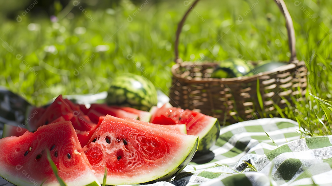 Melancia cortada descansando sobre uma manta de piquenique xadrez