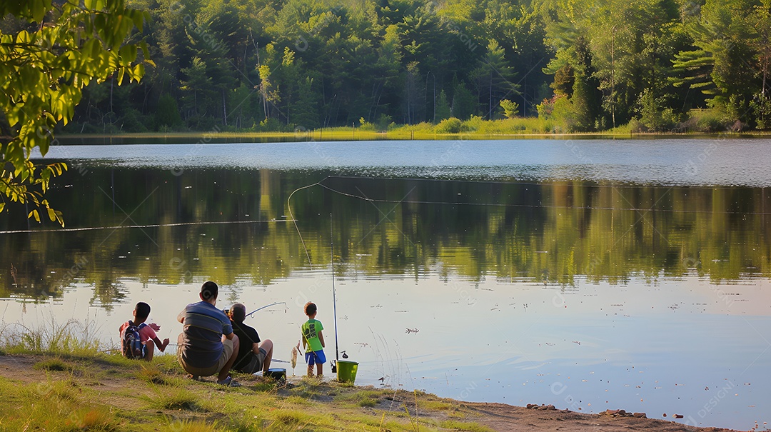 Família pescando na beira de um lago
