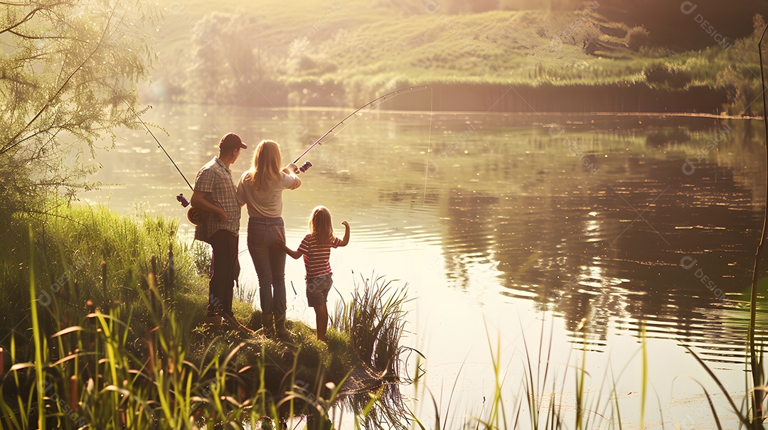 Uma família desfruta de uma tranquila pescaria à beira do lago