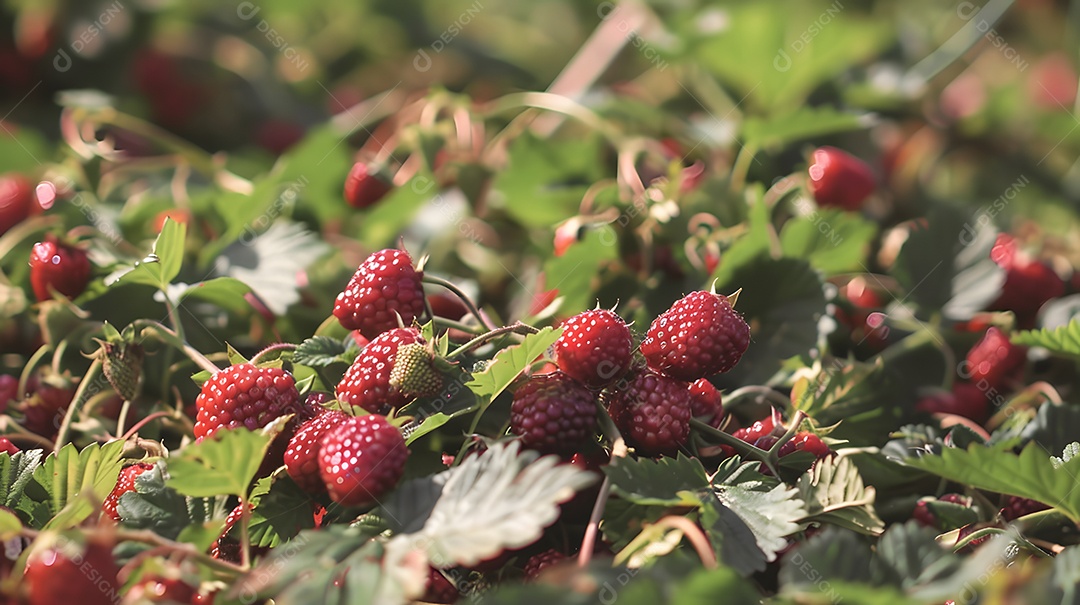 Framboesas vermelhas crescendo em plantas verdes