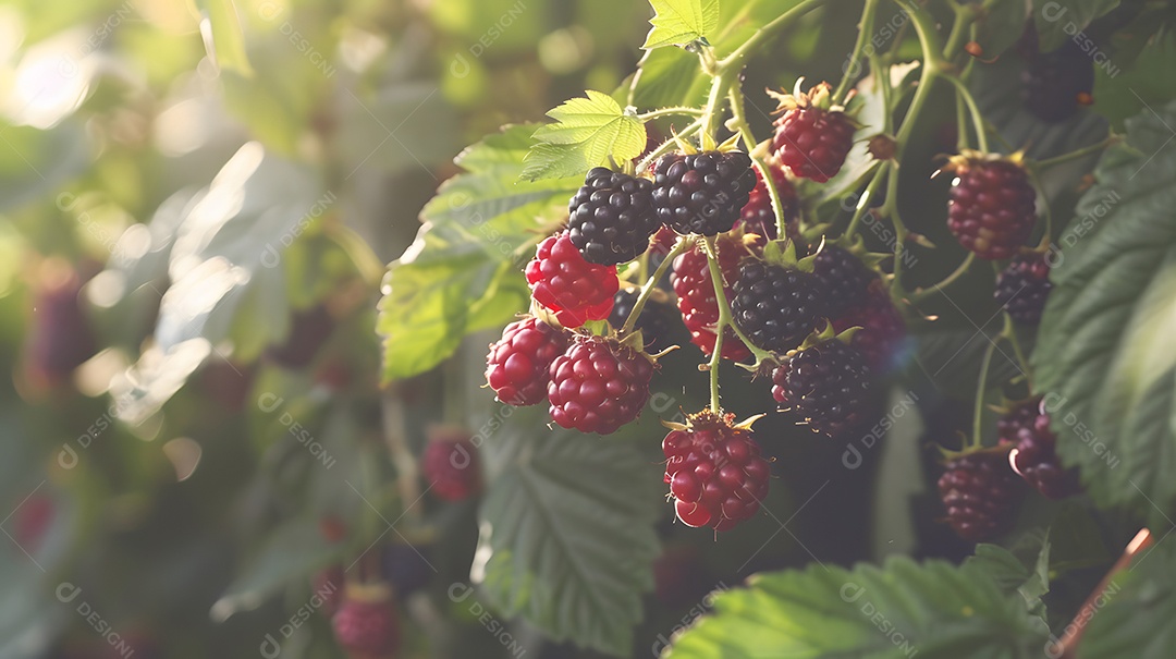 Amoras maduras e verdes pendem de galhos verdes