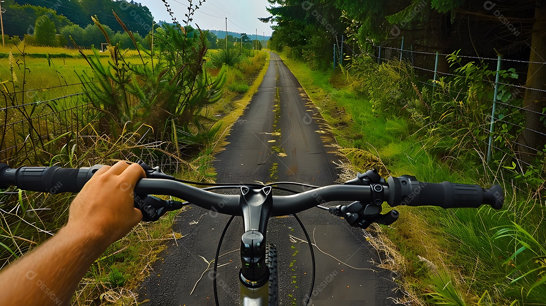 Uma pessoa pedalando em uma trilha estreita