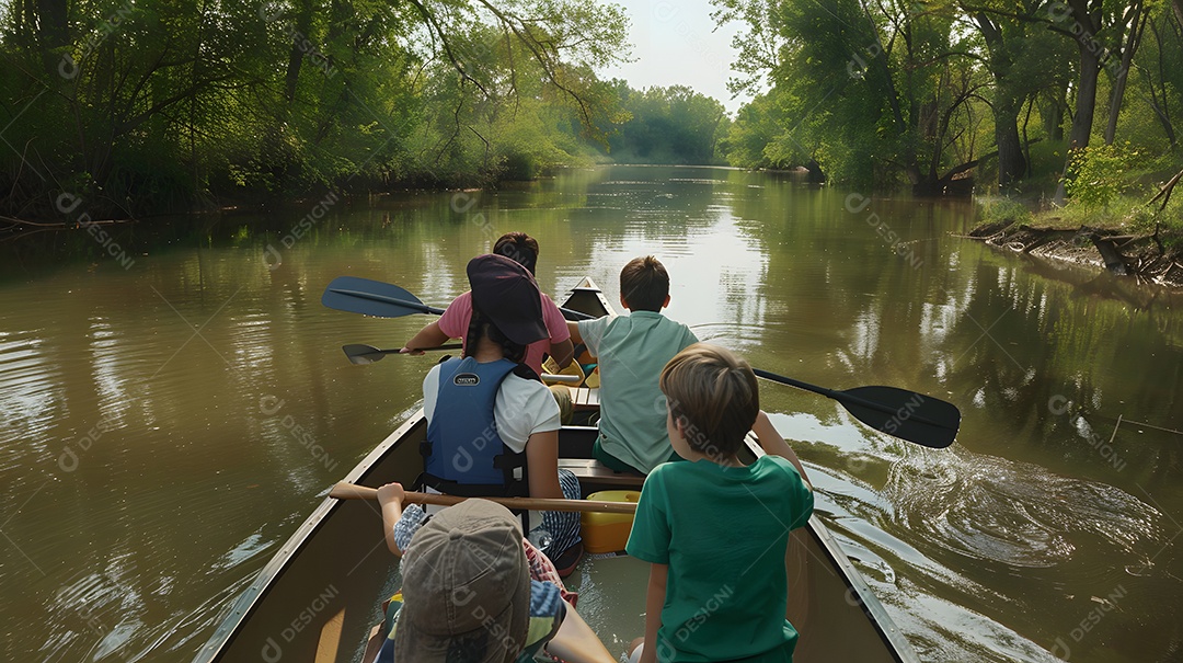 Família desfrutando de um tranquilo passeio de canoa em um rio calmo