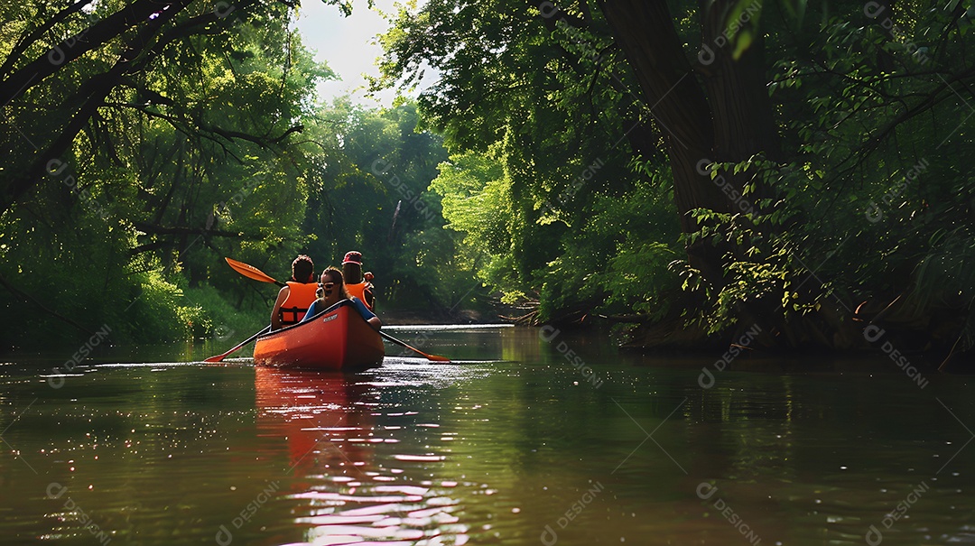 Grupo de pessoas remando em uma canoa vermelha