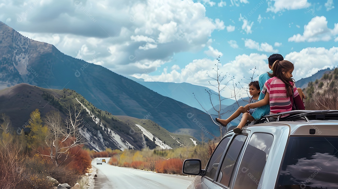 A família desfruta de uma viagem panorâmica sentada no teto do carro