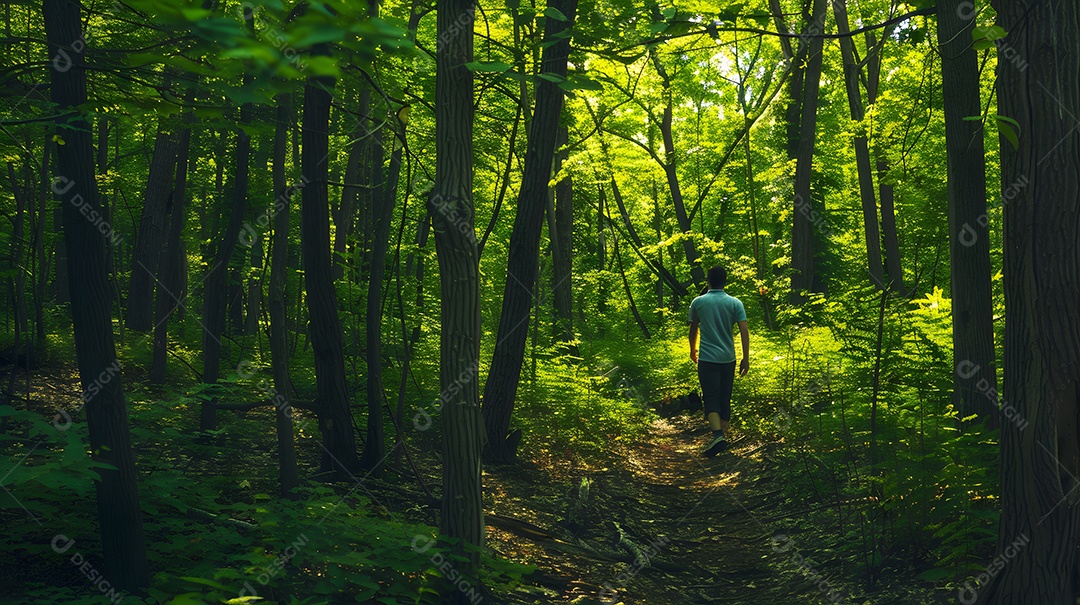 Um homem caminha por uma floresta serena e ensolarada