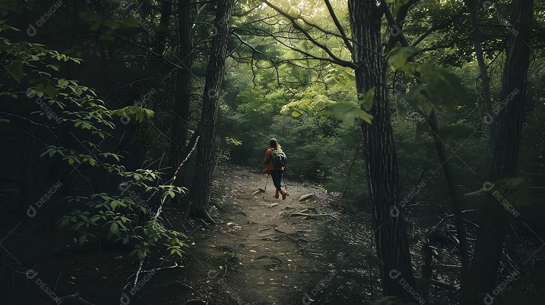 Um caminhante solitário explora uma trilha exuberante