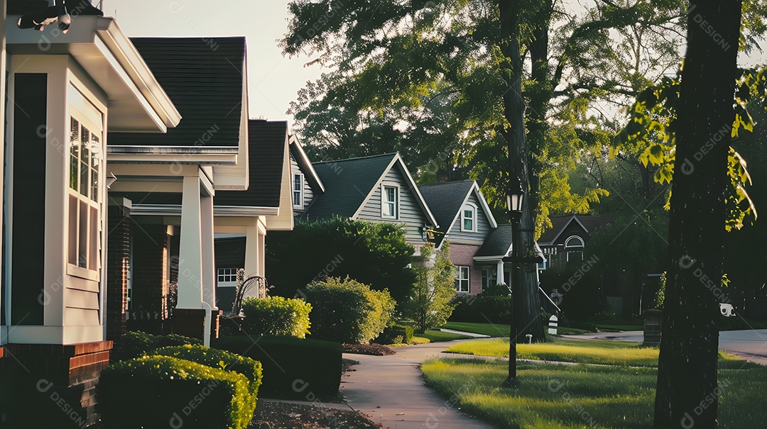 Rua suburbana tranquila com casas charmosas e jardins bem cuidados