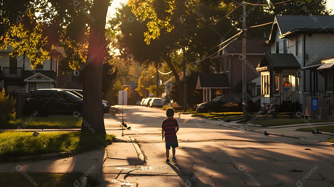 Garoto passeando em rua tranquila