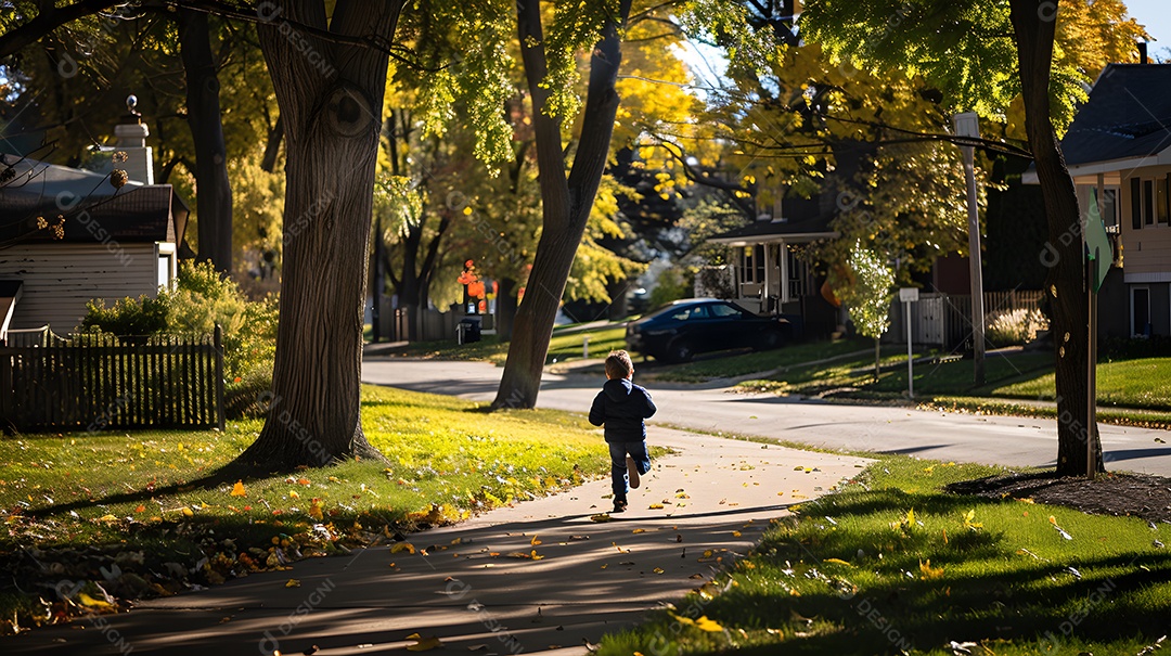 Uma criança corre por uma rua suburbana tranquila
