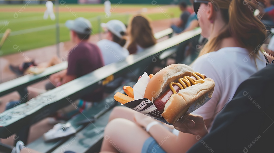 Mulher come um cachorro-quente com batatas fritas enquanto assiste a um jogo de beisebol