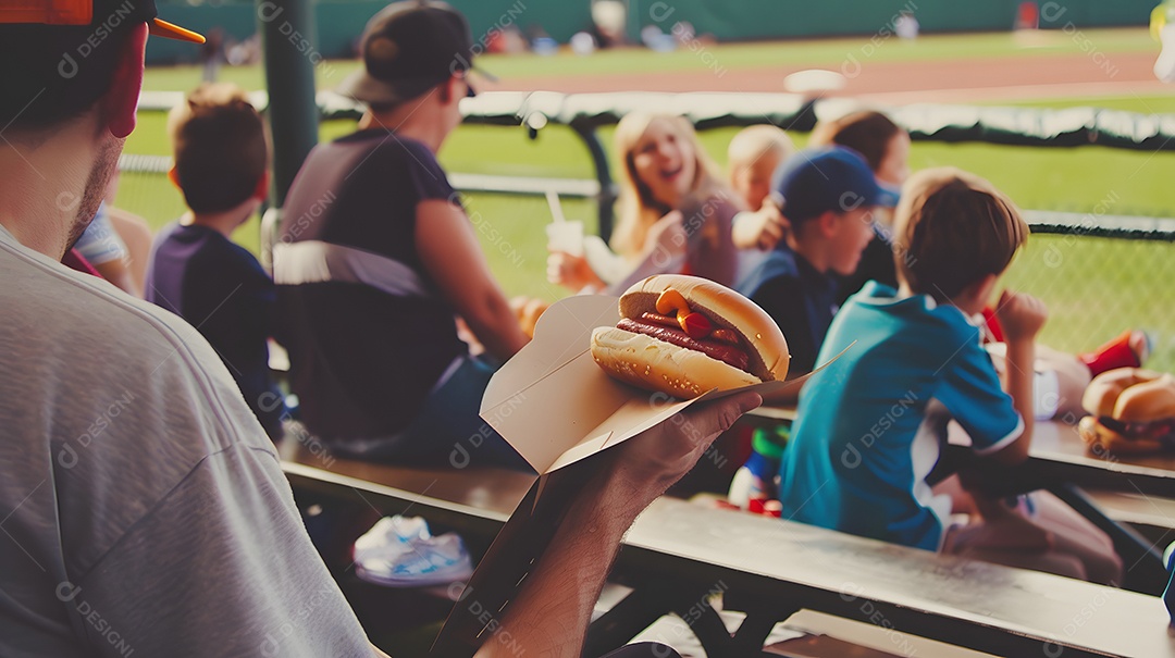 Homem saboreando um cachorro-quente em um jogo de beisebol