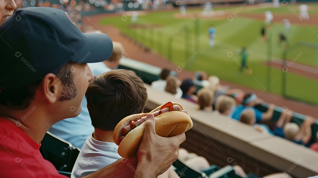Homem saboreando um cachorro-quente com seu filho em um jogo de beisebol