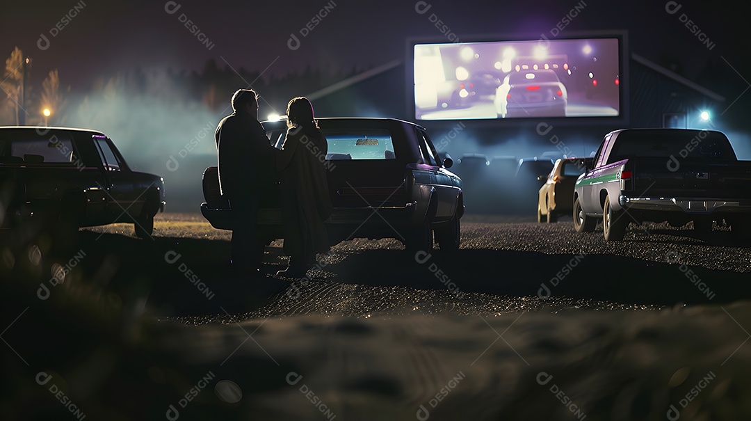 Carros estacionados em um cinema drive-in durante o pôr do sol