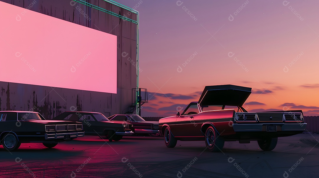 Carros clássicos estacionados durante o pôr do sol