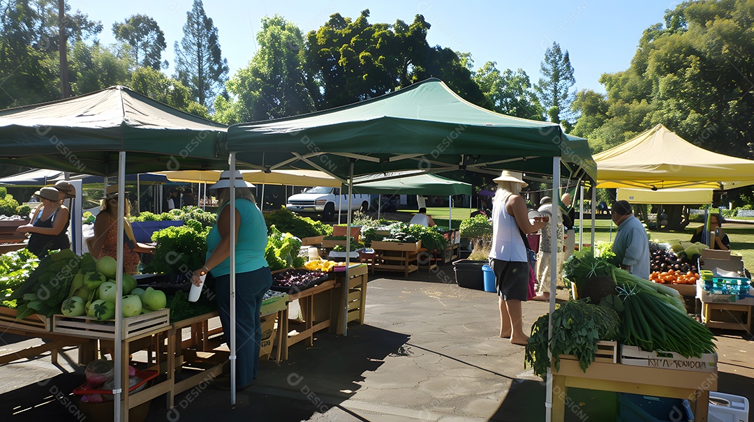 Mercado de agricultores com barracas de produtos frescos