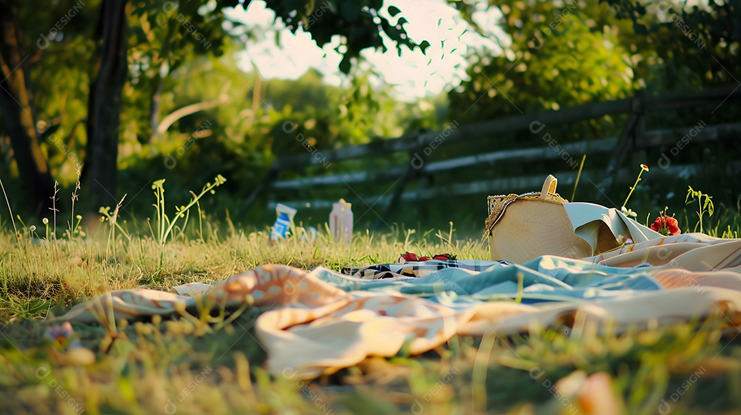 Piquenique tranquilo com chapéu de sol e cobertor no quintal