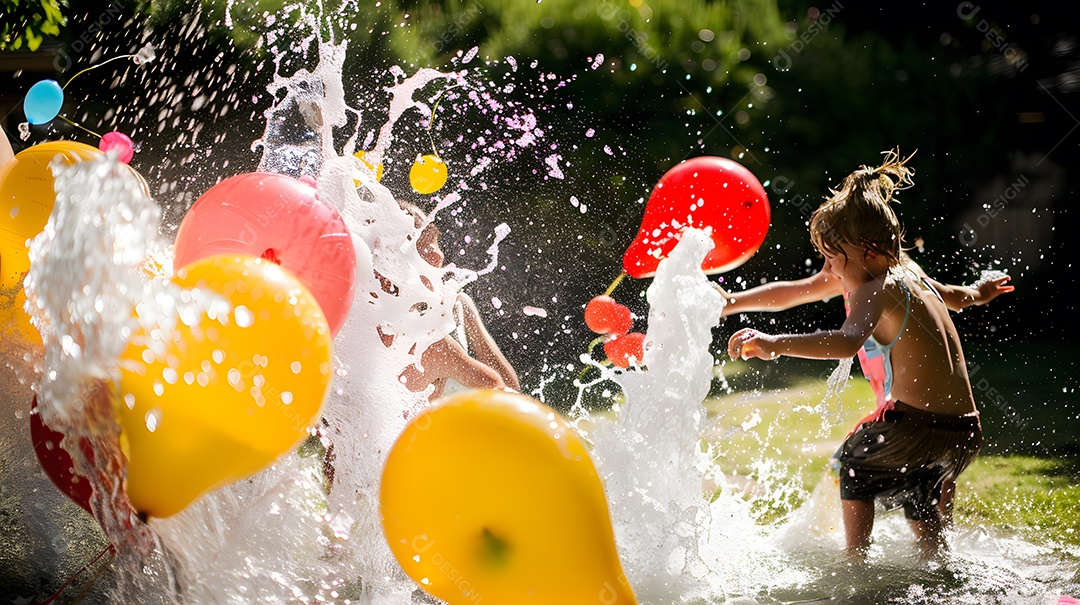 Crianças brincando com bexigas de água em um jardim