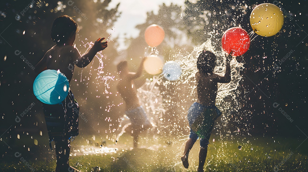 Crianças brincando com bexigas de água em um jardim