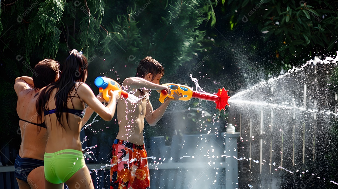 Três crianças vestidas com trajes de banho com armas de água em um dia ensolarado