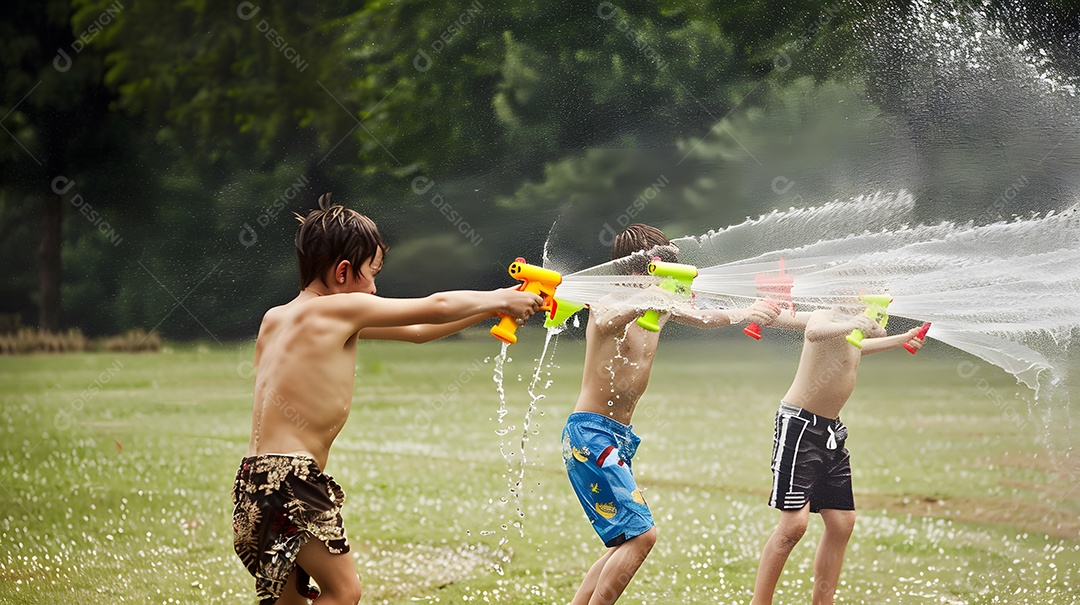 Três meninos riem e brincam com armas de água em um dia quente de verão