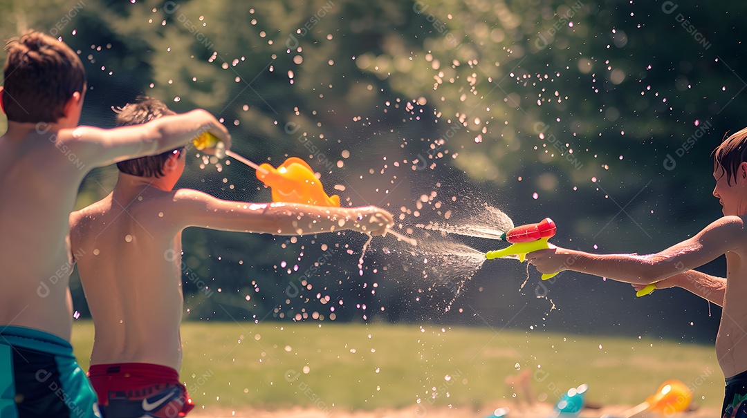 Três meninos riem e brincam com armas de água em um dia quente de verão