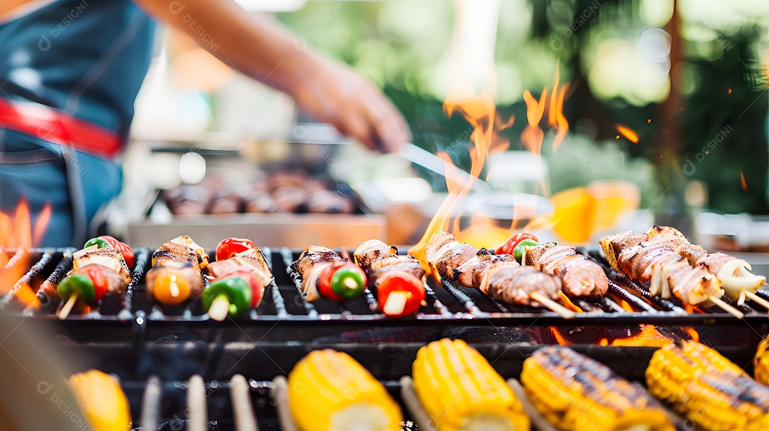 Homem grelhando vegetais coloridos em um churrasco em dia ensolarado