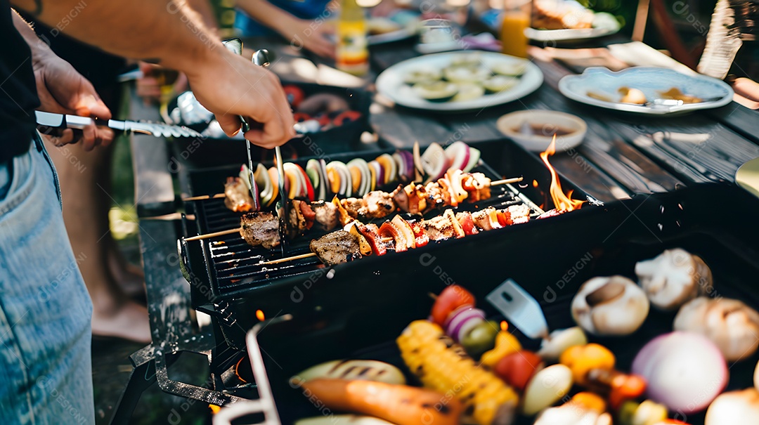 Homem grelhando vegetais coloridos em um churrasco em dia ensolarado