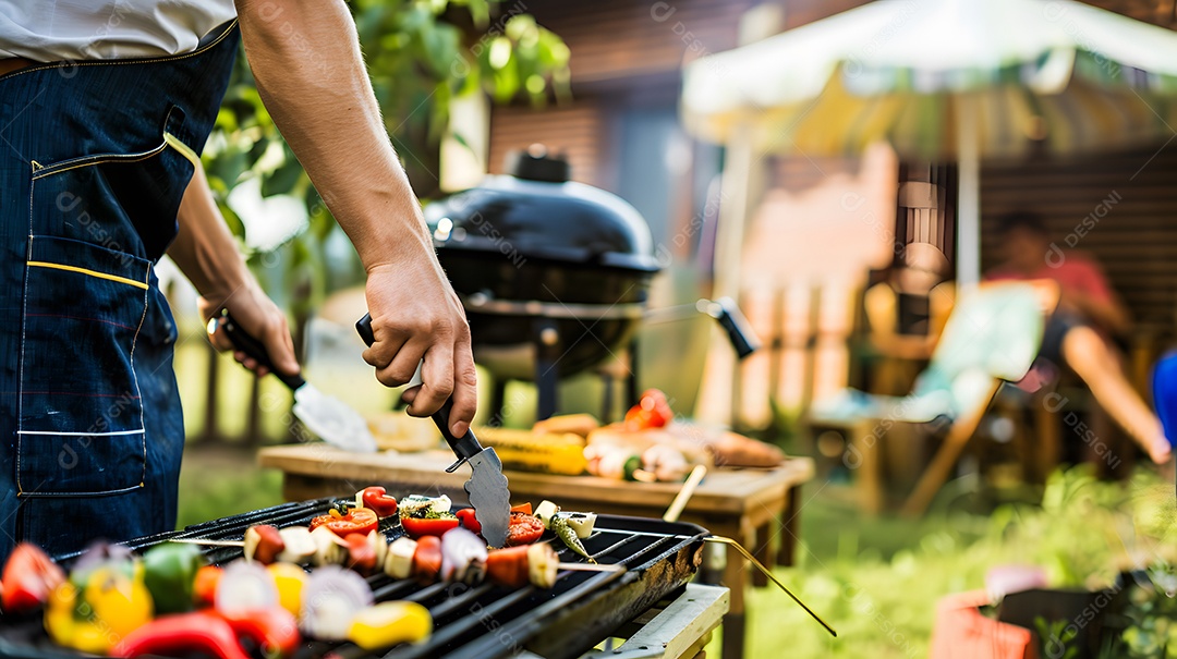 Homem grelhando vegetais coloridos em um churrasco em dia ensolarado