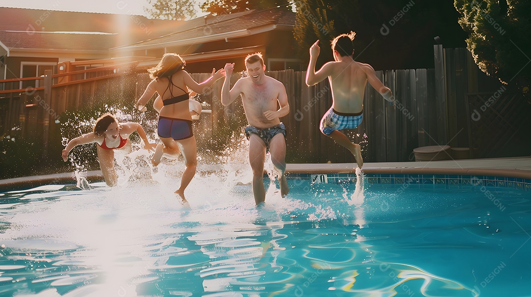 Grupo de amigos pulando na piscina