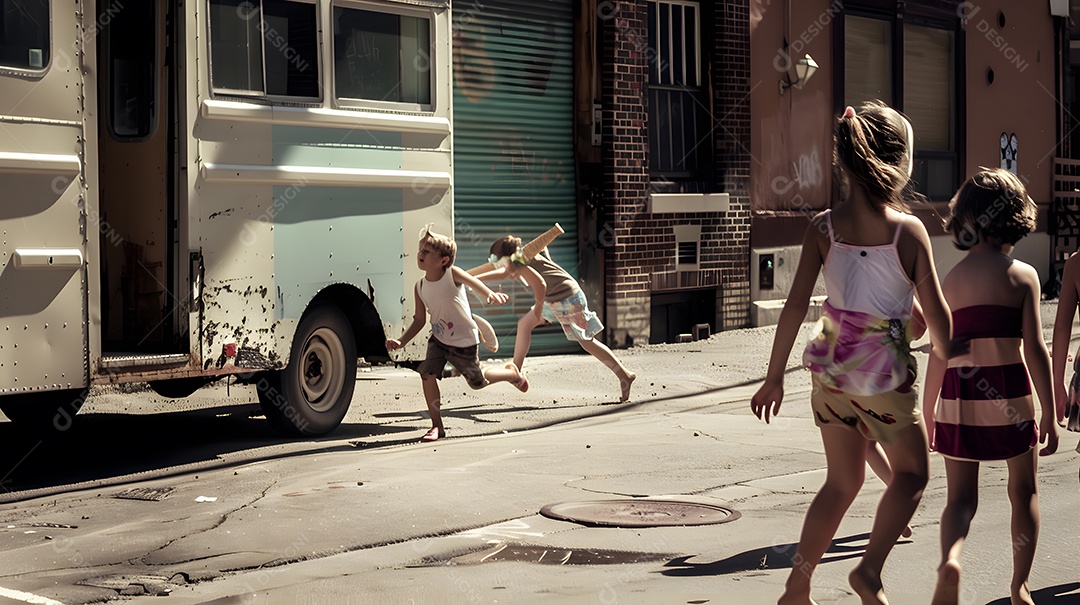 Crianças perseguem com entusiasmo um caminhão de sorvete