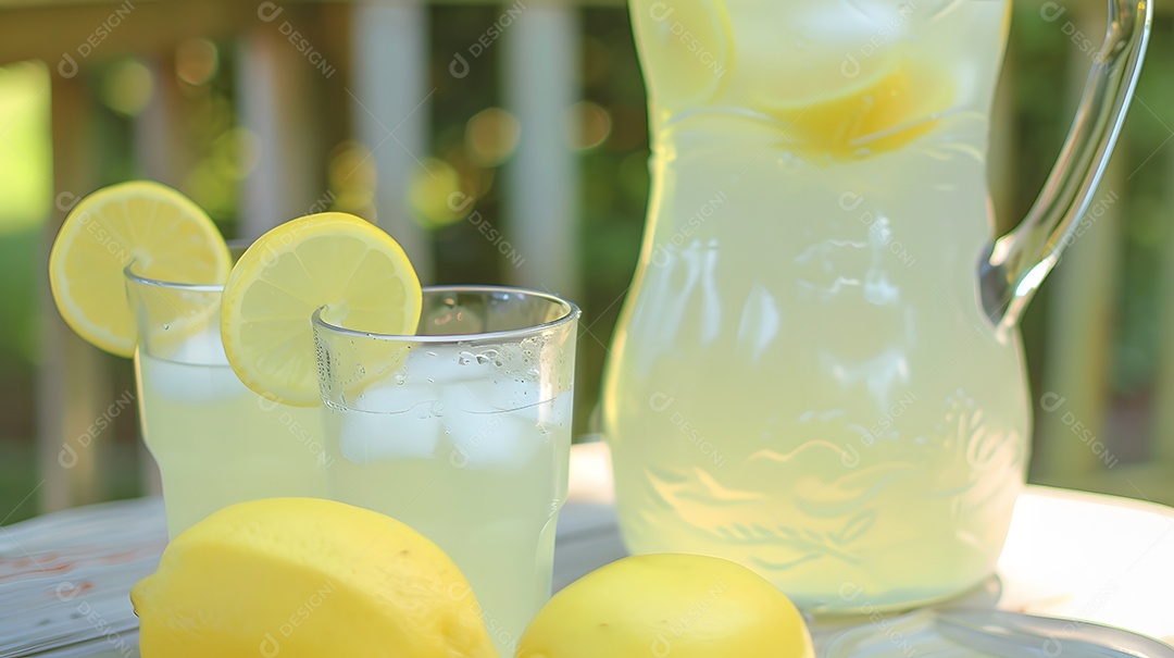 Jarra e copos com limonada sobre uma mesa