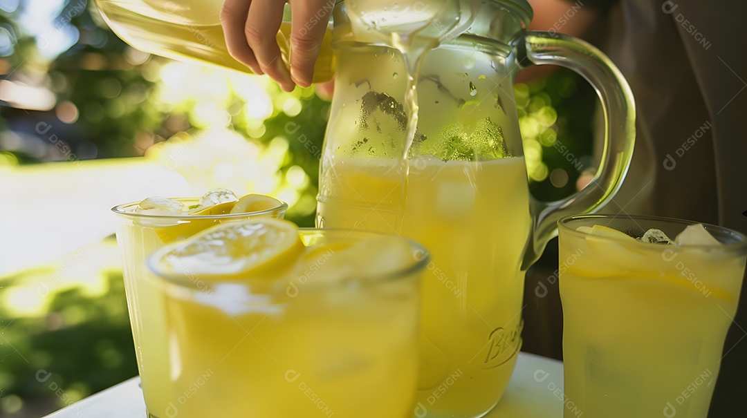 Criança colocando limonada em uma jarra