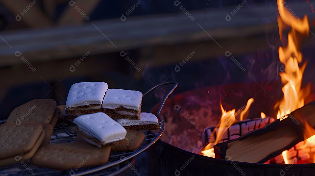 Bolacha com marshmallow em fogueira