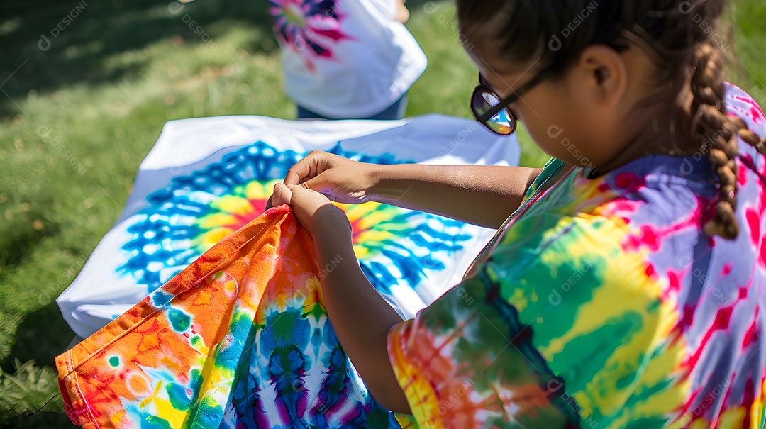 Camiseta tie-dye sendo confeccionada por uma jovem