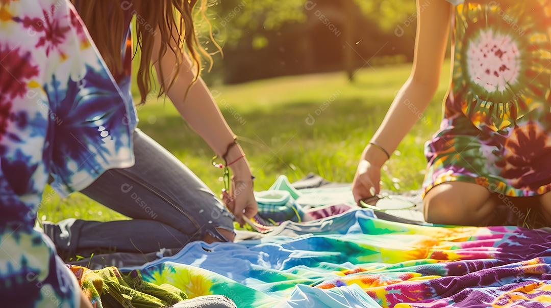 Jovens confeccionando camisas tie-dye