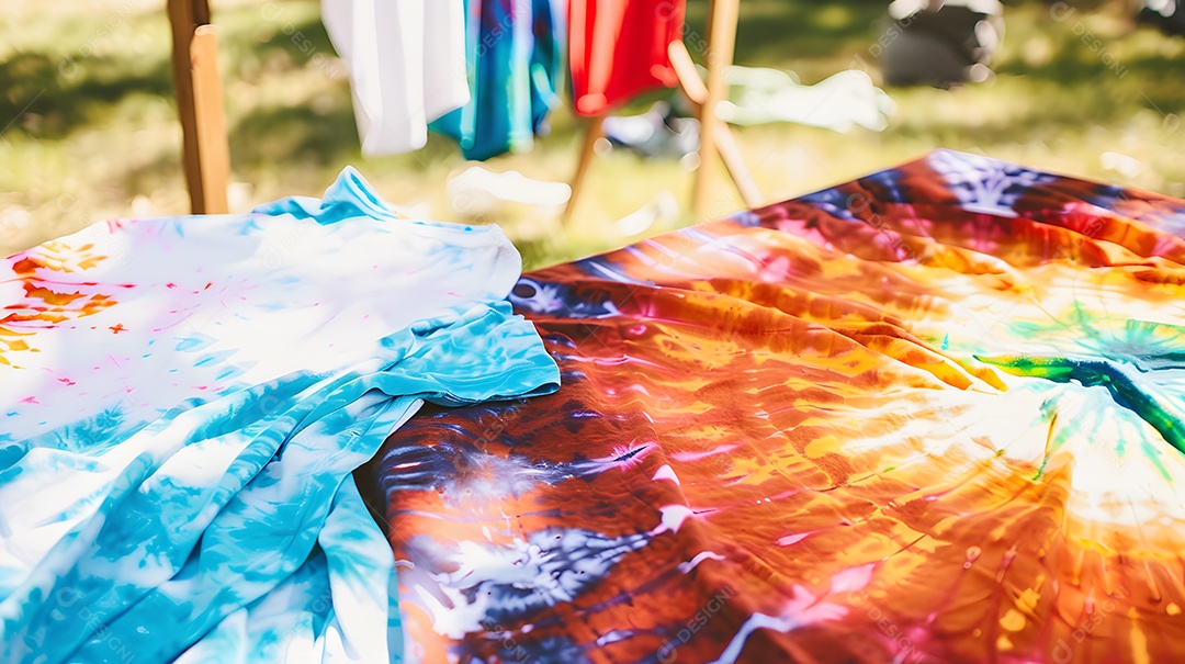 Camisas tie-dye vibrantes estão sobre uma mesa