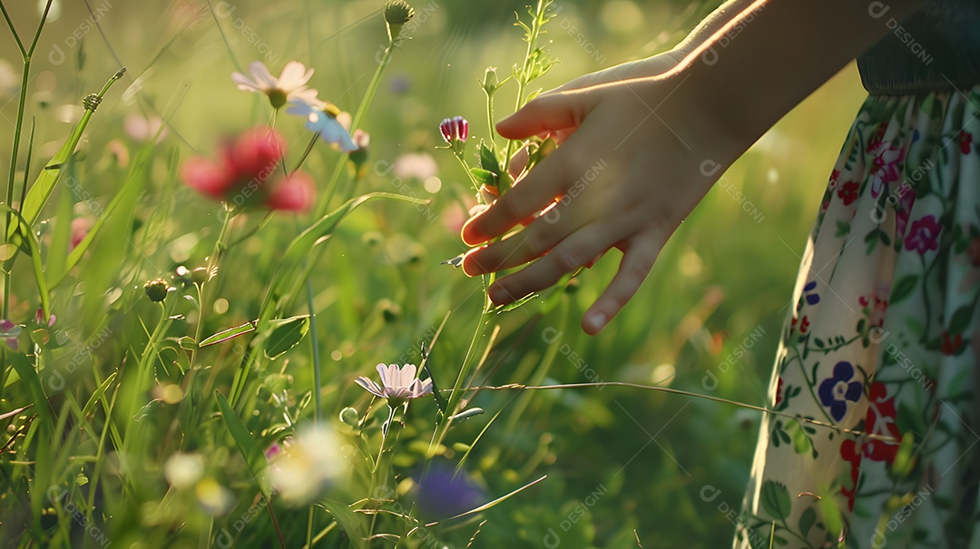 Mãos de criança colhendo flores silvestres em campos verdes